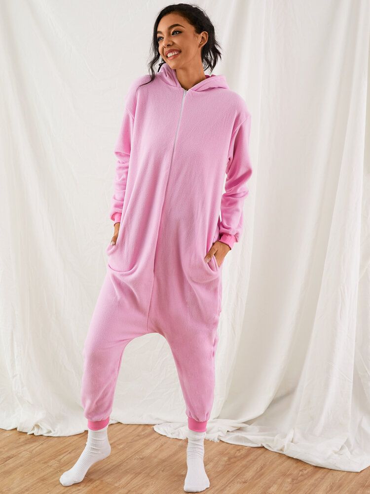 Mujeres Lindo Unicornio Dibujos Animados Cremallera Frente Casual Homewear Monos Con Capucha Animal Onesies