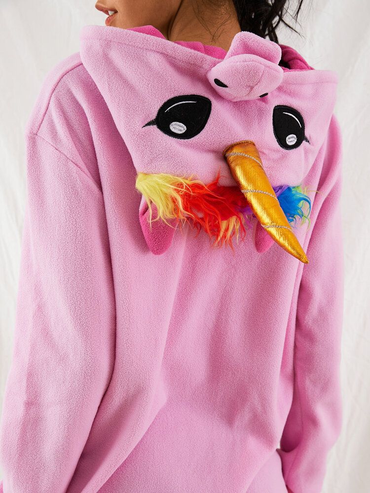 Mujeres Lindo Unicornio Dibujos Animados Cremallera Frente Casual Homewear Monos Con Capucha Animal Onesies