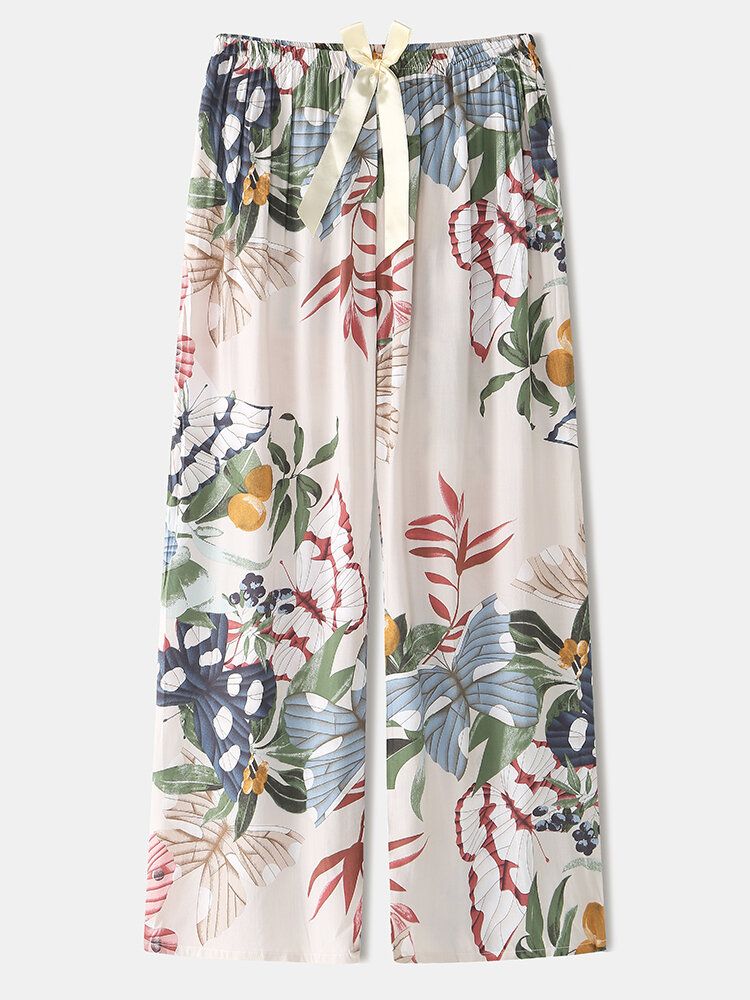 Mujeres Mariposas Y Estampado Floral Con Cuello En V Lazo Cómodo Pijamas Largos Conjuntos Loungewear