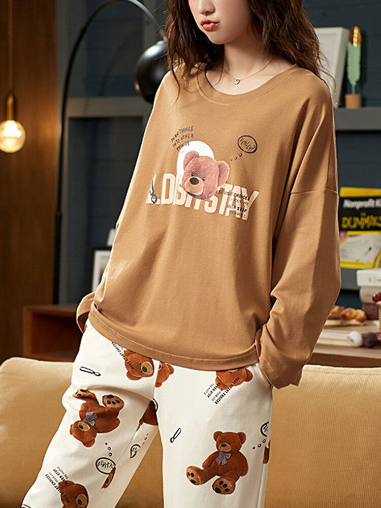 Mujeres Muñeca Linda Estampado De Oso Jersey De Algodón Cintura Elástica Conjunto De Pijama Suave Para El Hogar