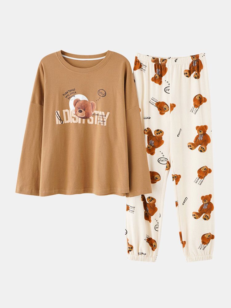 Mujeres Muñeca Linda Estampado De Oso Jersey De Algodón Cintura Elástica Conjunto De Pijama Suave Para El Hogar