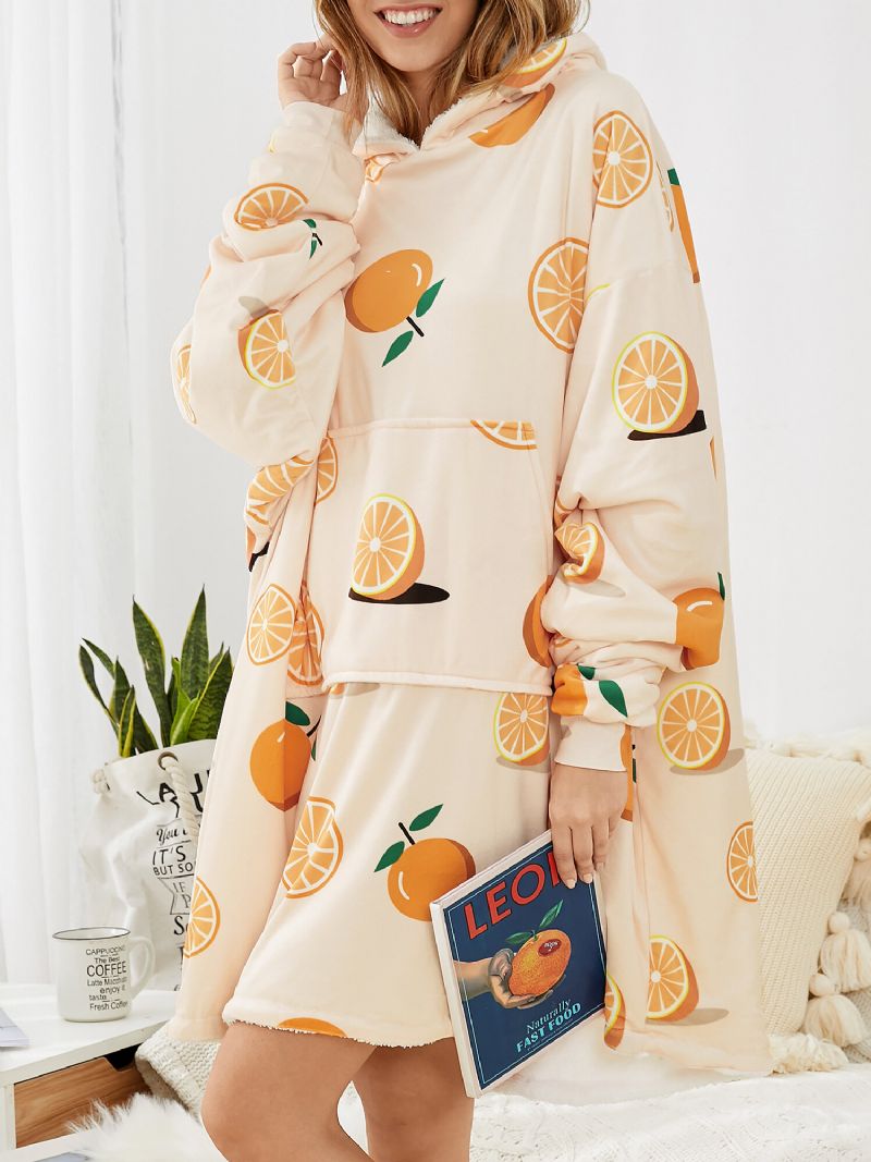 Mujeres Orange Graphics Sudadera Con Capucha De Gran Tamaño Con Forro De Felpa Pijama Con Bolsillo