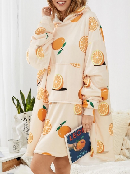 Mujeres Orange Graphics Sudadera Con Capucha De Gran Tamaño Con Forro De Felpa Pijama Con Bolsillo