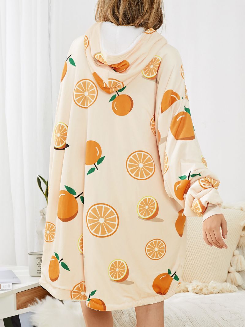 Mujeres Orange Graphics Sudadera Con Capucha De Gran Tamaño Con Forro De Felpa Pijama Con Bolsillo