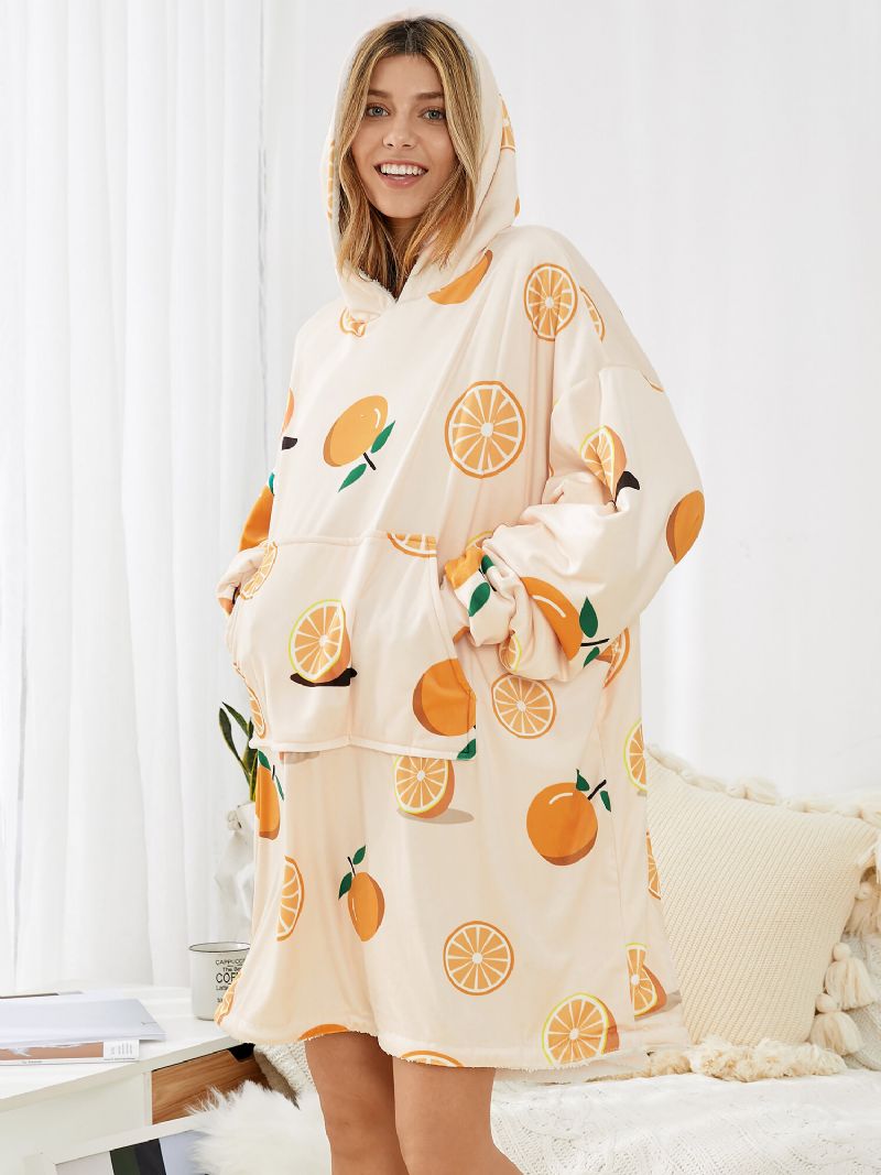 Mujeres Orange Graphics Sudadera Con Capucha De Gran Tamaño Con Forro De Felpa Pijama Con Bolsillo