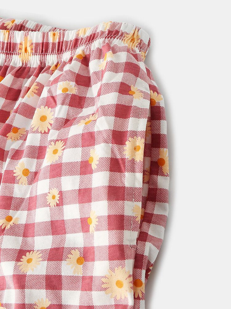 Mujeres Plaid Floral Print Camisa Con Cuello Revere Cintura Elástica Pantalones De Bolsillo Sueltos Conjunto De Pijama