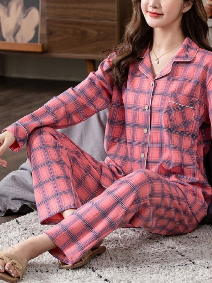 Mujeres Plaid Print Cuello Revere Camisa Con Bolsillo En El Pecho Pantalones Con Cintura Elástica Conjunto De Pijama De Dos Piezas