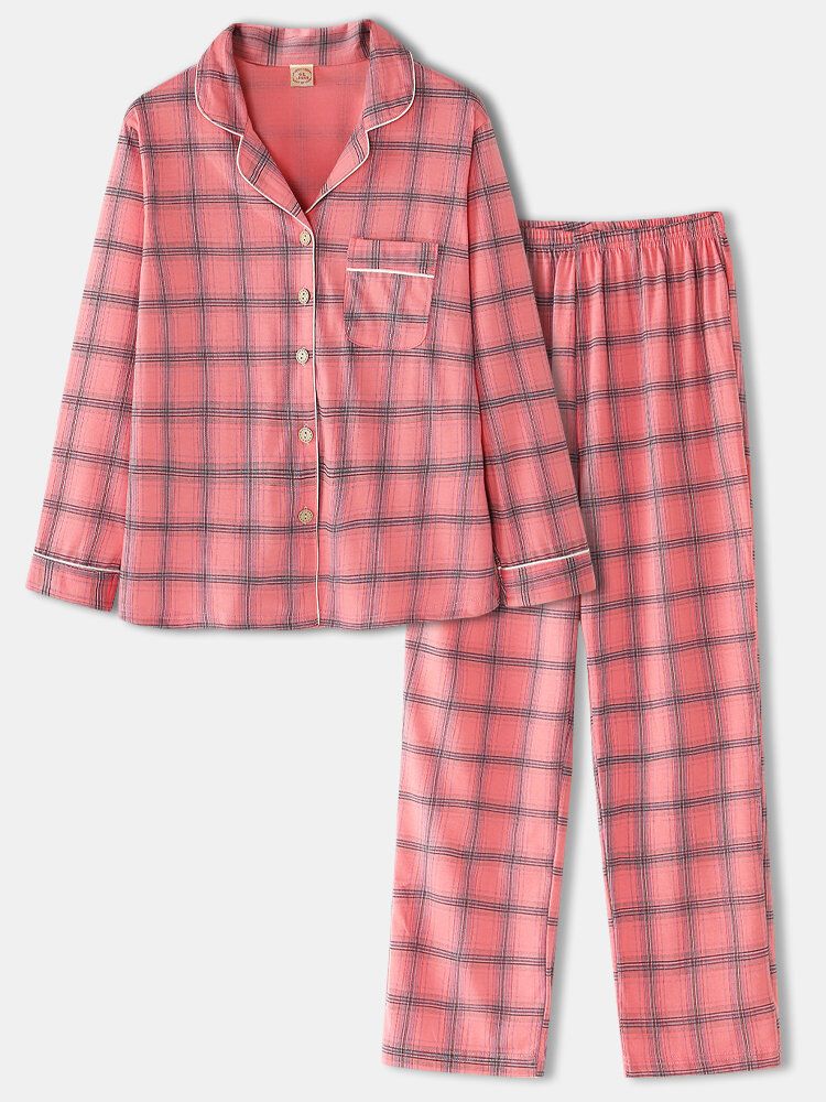 Mujeres Plaid Print Cuello Revere Camisa Con Bolsillo En El Pecho Pantalones Con Cintura Elástica Conjunto De Pijama De Dos Piezas