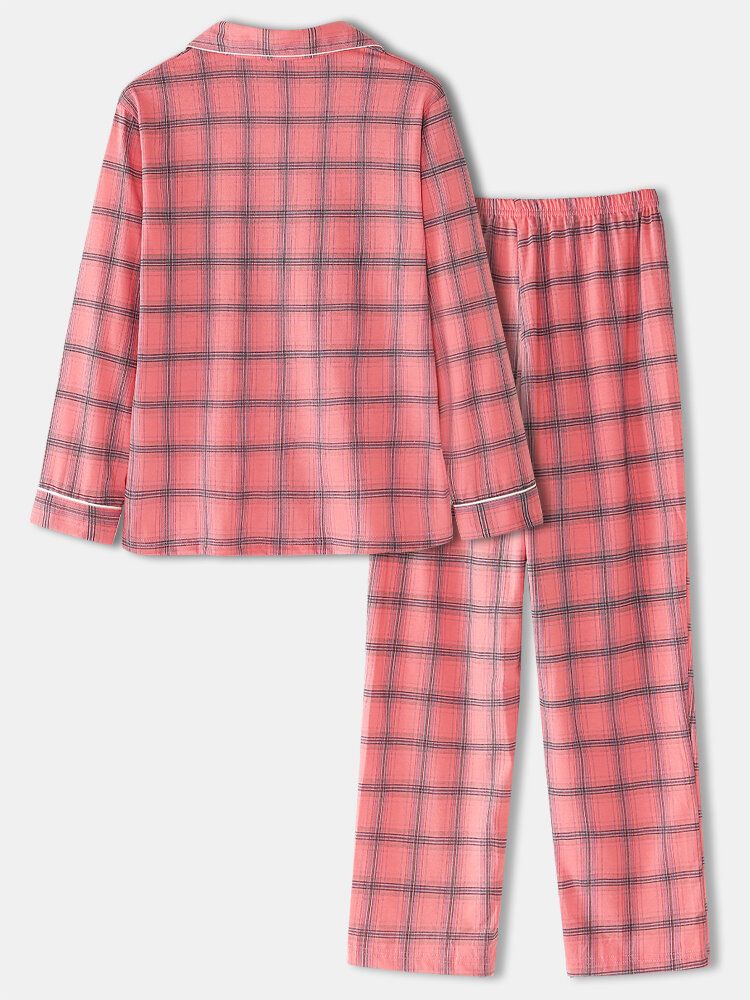 Mujeres Plaid Print Cuello Revere Camisa Con Bolsillo En El Pecho Pantalones Con Cintura Elástica Conjunto De Pijama De Dos Piezas