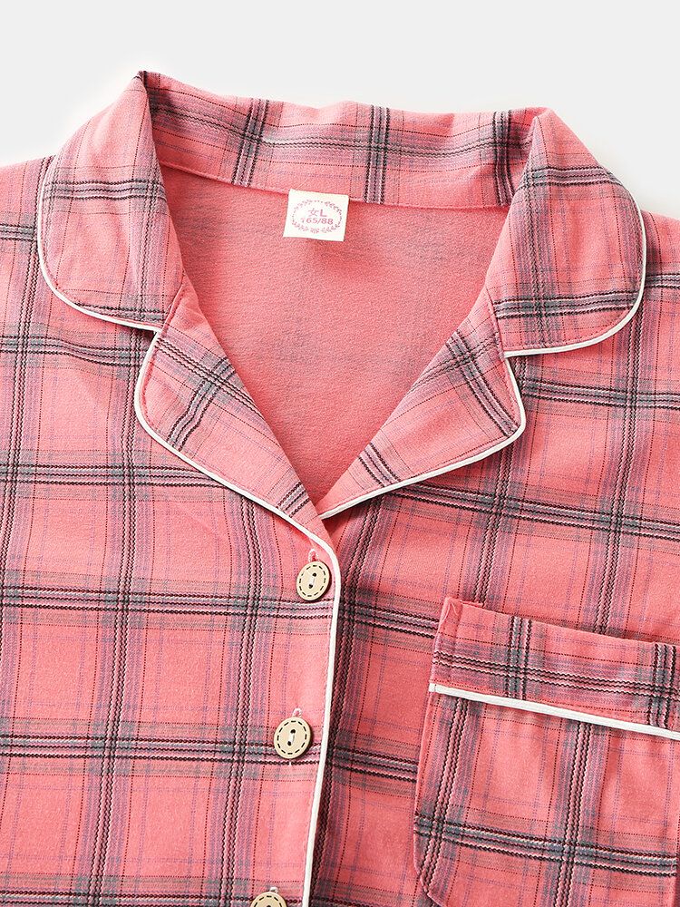 Mujeres Plaid Print Cuello Revere Camisa Con Bolsillo En El Pecho Pantalones Con Cintura Elástica Conjunto De Pijama De Dos Piezas