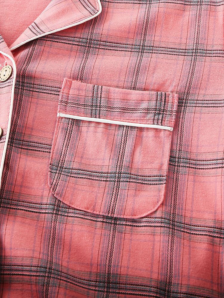 Mujeres Plaid Print Cuello Revere Camisa Con Bolsillo En El Pecho Pantalones Con Cintura Elástica Conjunto De Pijama De Dos Piezas