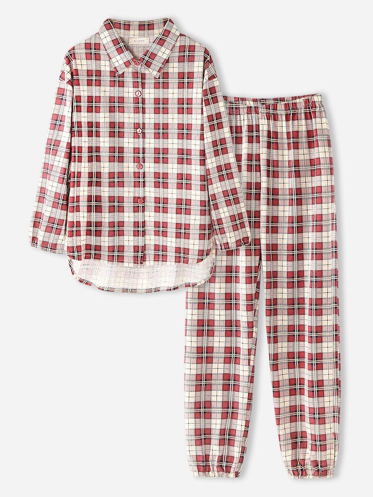 Mujeres Plaid Print Solapa Camisa De Dobladillo Alto-bajo Pantalones De Cintura Elástica Conjunto De Pijama Para El Hogar