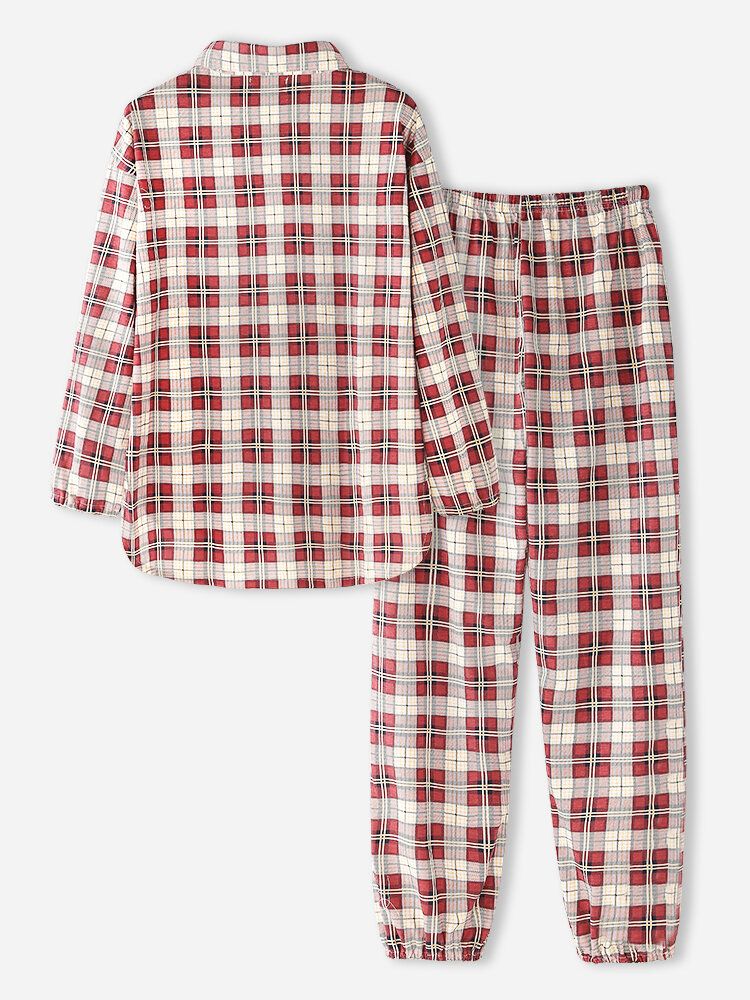 Mujeres Plaid Print Solapa Camisa De Dobladillo Alto-bajo Pantalones De Cintura Elástica Conjunto De Pijama Para El Hogar