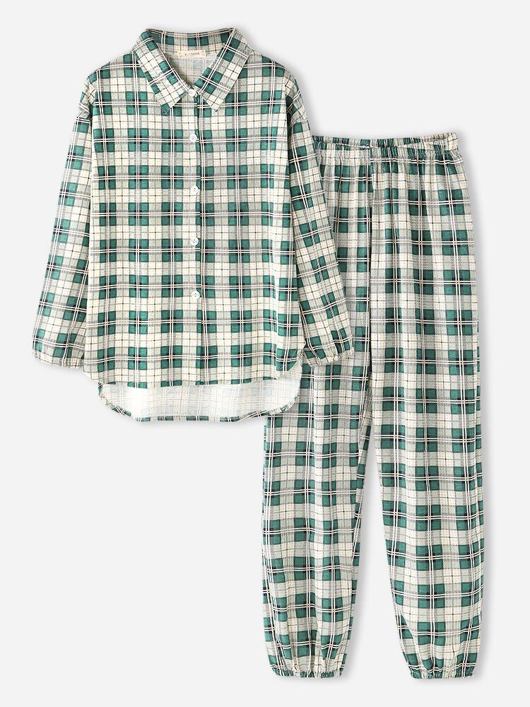 Mujeres Plaid Print Solapa Camisa De Dobladillo Alto-bajo Pantalones De Cintura Elástica Conjunto De Pijama Para El Hogar