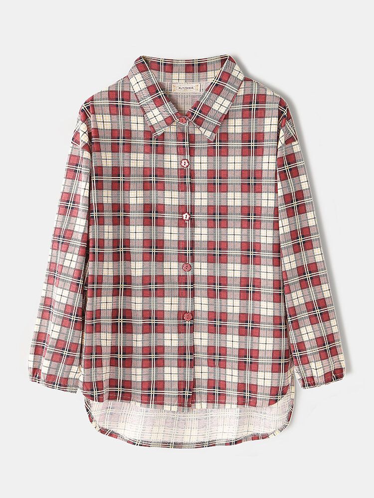 Mujeres Plaid Print Solapa Camisa De Dobladillo Alto-bajo Pantalones De Cintura Elástica Conjunto De Pijama Para El Hogar