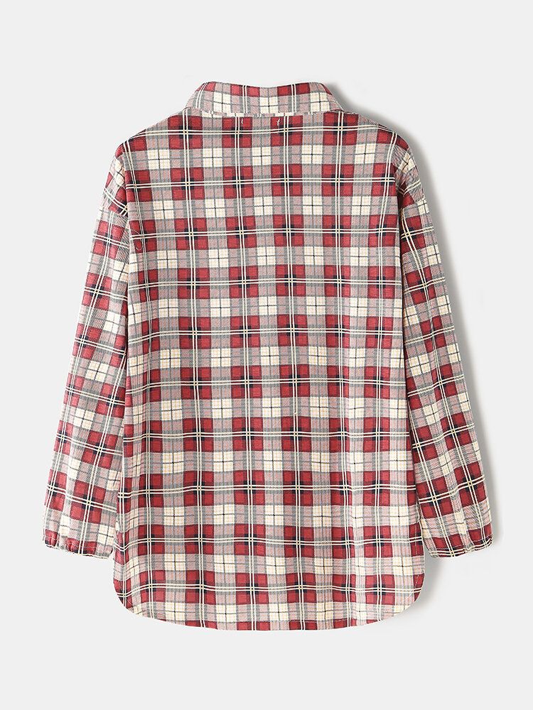 Mujeres Plaid Print Solapa Camisa De Dobladillo Alto-bajo Pantalones De Cintura Elástica Conjunto De Pijama Para El Hogar