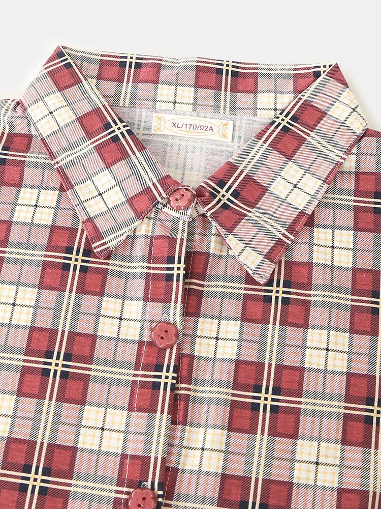 Mujeres Plaid Print Solapa Camisa De Dobladillo Alto-bajo Pantalones De Cintura Elástica Conjunto De Pijama Para El Hogar