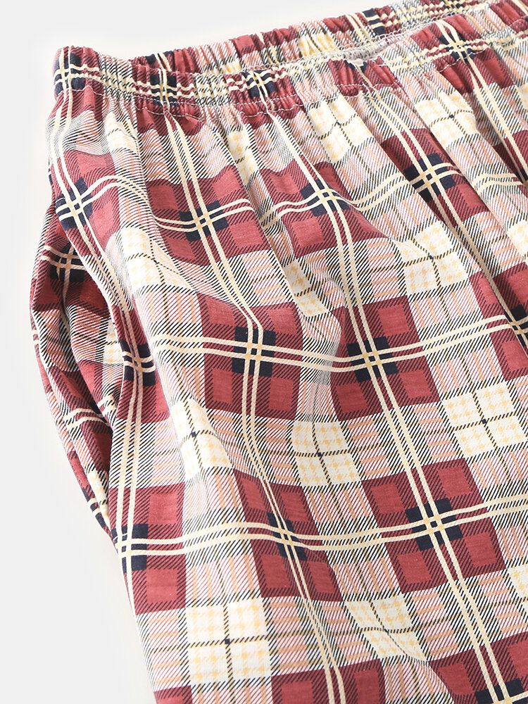 Mujeres Plaid Print Solapa Camisa De Dobladillo Alto-bajo Pantalones De Cintura Elástica Conjunto De Pijama Para El Hogar