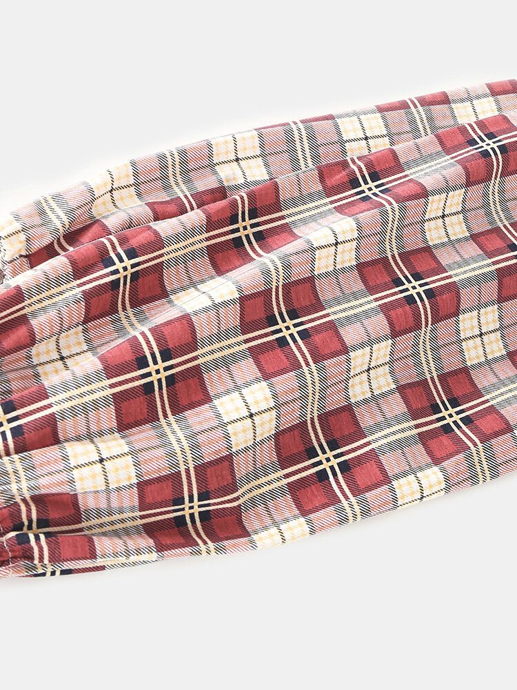 Mujeres Plaid Print Solapa Camisa De Dobladillo Alto-bajo Pantalones De Cintura Elástica Conjunto De Pijama Para El Hogar