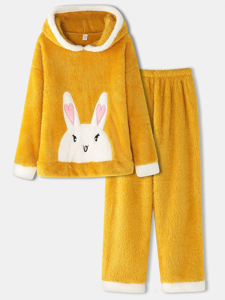 Mujeres Plush 3d Ear Hooded Rabbit Pattern Top Fluffy Pants Conjunto De Pijama Para El Hogar