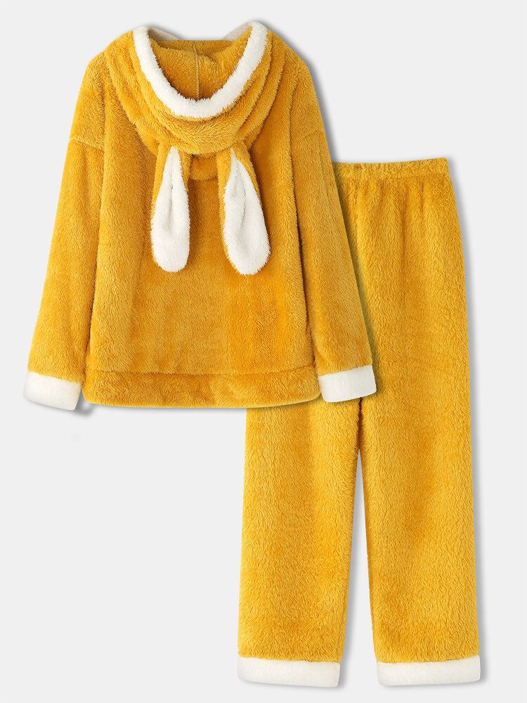 Mujeres Plush 3d Ear Hooded Rabbit Pattern Top Fluffy Pants Conjunto De Pijama Para El Hogar