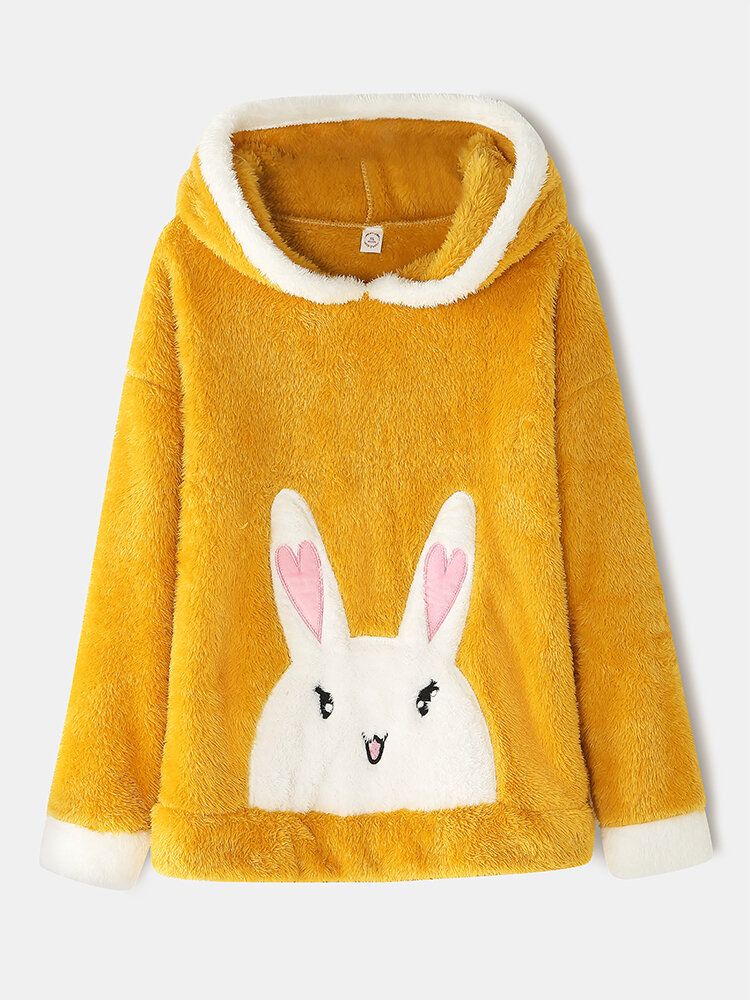 Mujeres Plush 3d Ear Hooded Rabbit Pattern Top Fluffy Pants Conjunto De Pijama Para El Hogar