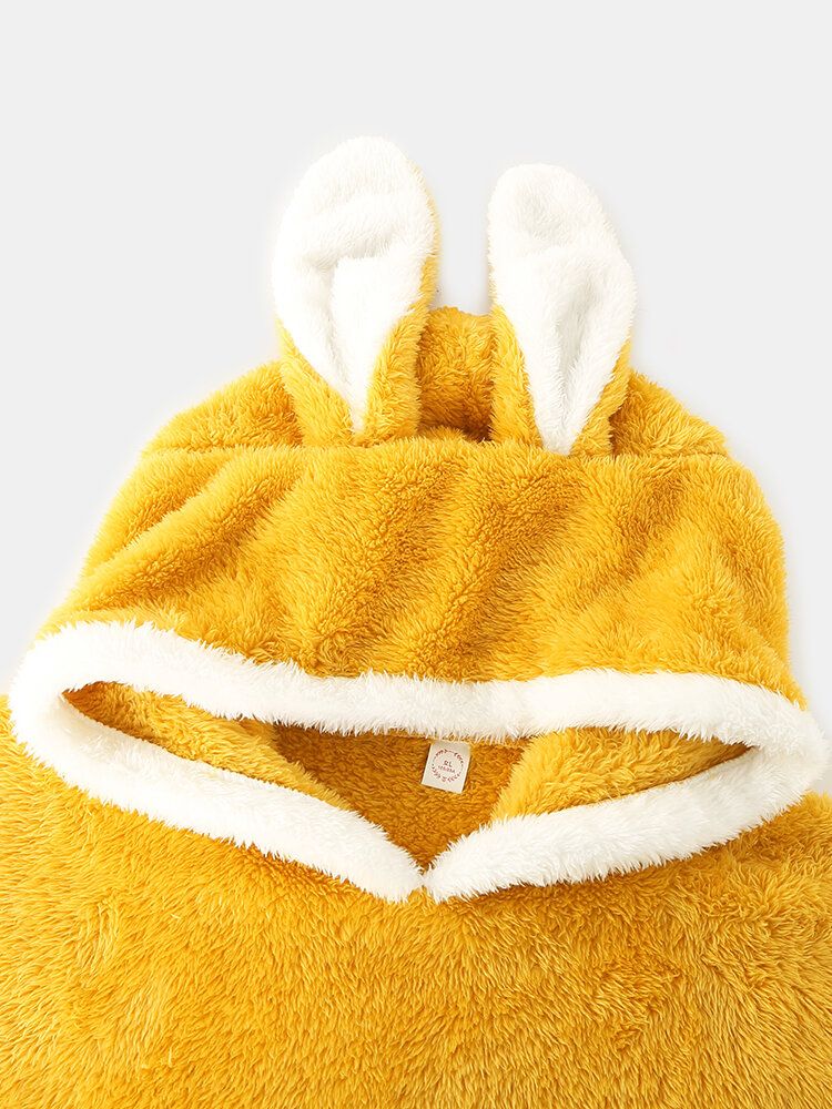 Mujeres Plush 3d Ear Hooded Rabbit Pattern Top Fluffy Pants Conjunto De Pijama Para El Hogar