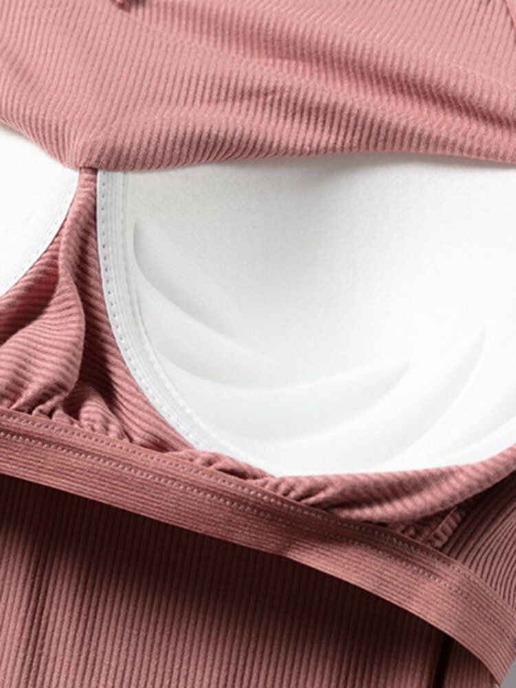 Mujeres Rib Cuello En V Almohadillas Para El Pecho Camisetas Pantalones De Cintura Elástica Inicio Conjunto De Pijama Informal