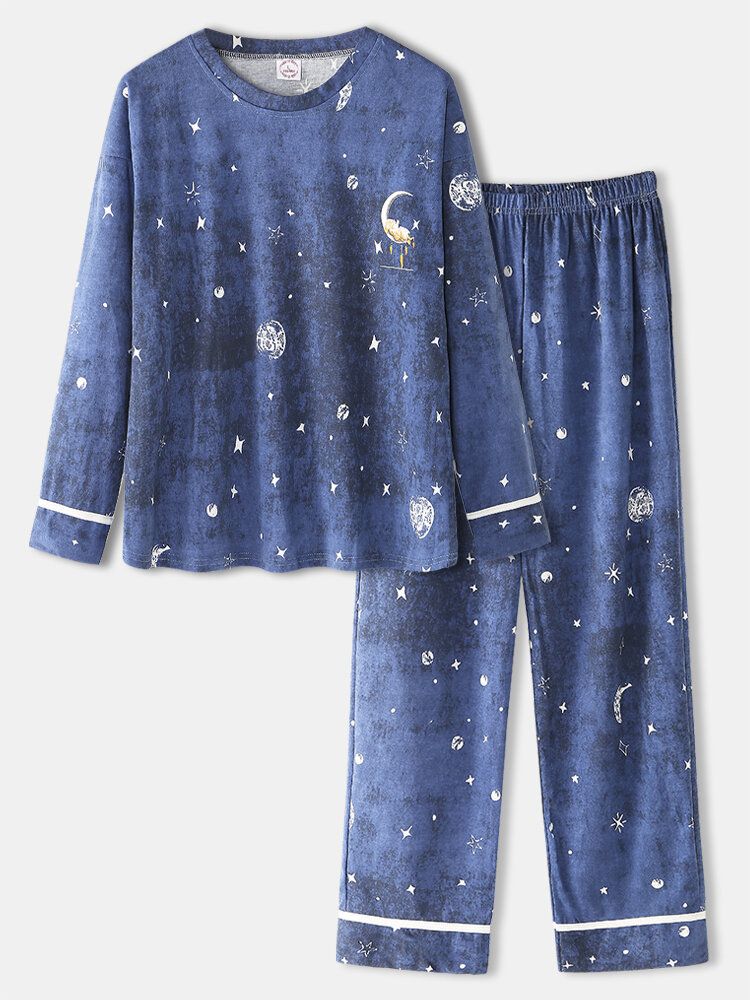 Mujeres Star Moon Print Manga Larga Sudaderas Con Cuello Redondo Pantalones De Cintura Elástica Conjunto De Pijama Para El Hogar