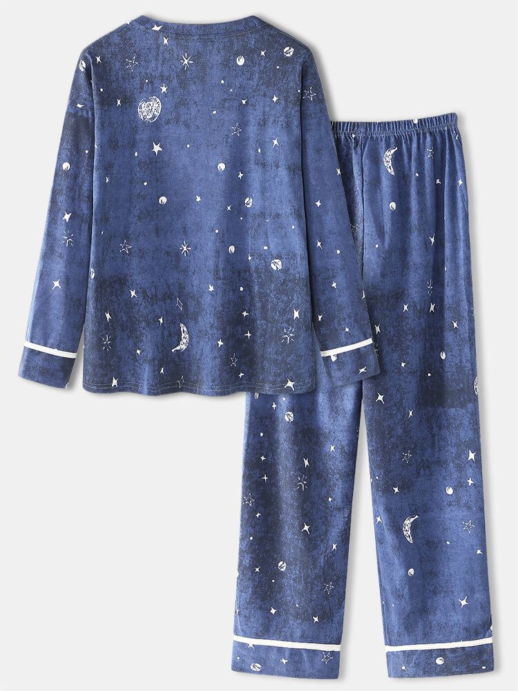 Mujeres Star Moon Print Manga Larga Sudaderas Con Cuello Redondo Pantalones De Cintura Elástica Conjunto De Pijama Para El Hogar