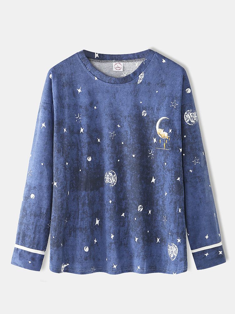 Mujeres Star Moon Print Manga Larga Sudaderas Con Cuello Redondo Pantalones De Cintura Elástica Conjunto De Pijama Para El Hogar