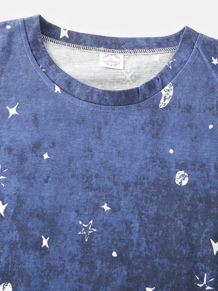 Mujeres Star Moon Print Manga Larga Sudaderas Con Cuello Redondo Pantalones De Cintura Elástica Conjunto De Pijama Para El Hogar