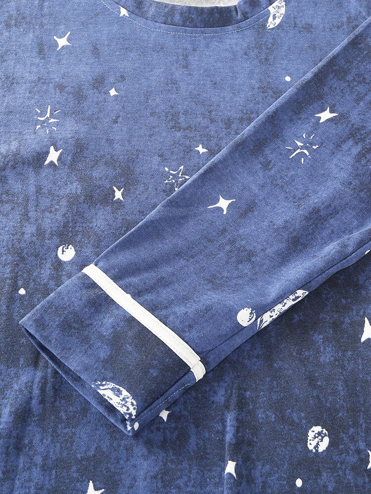 Mujeres Star Moon Print Manga Larga Sudaderas Con Cuello Redondo Pantalones De Cintura Elástica Conjunto De Pijama Para El Hogar