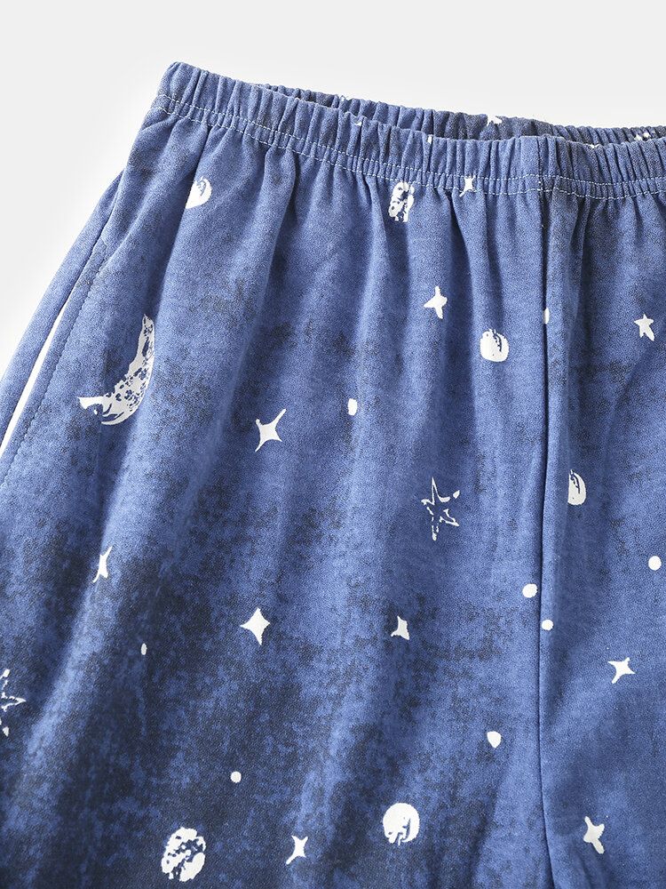 Mujeres Star Moon Print Manga Larga Sudaderas Con Cuello Redondo Pantalones De Cintura Elástica Conjunto De Pijama Para El Hogar