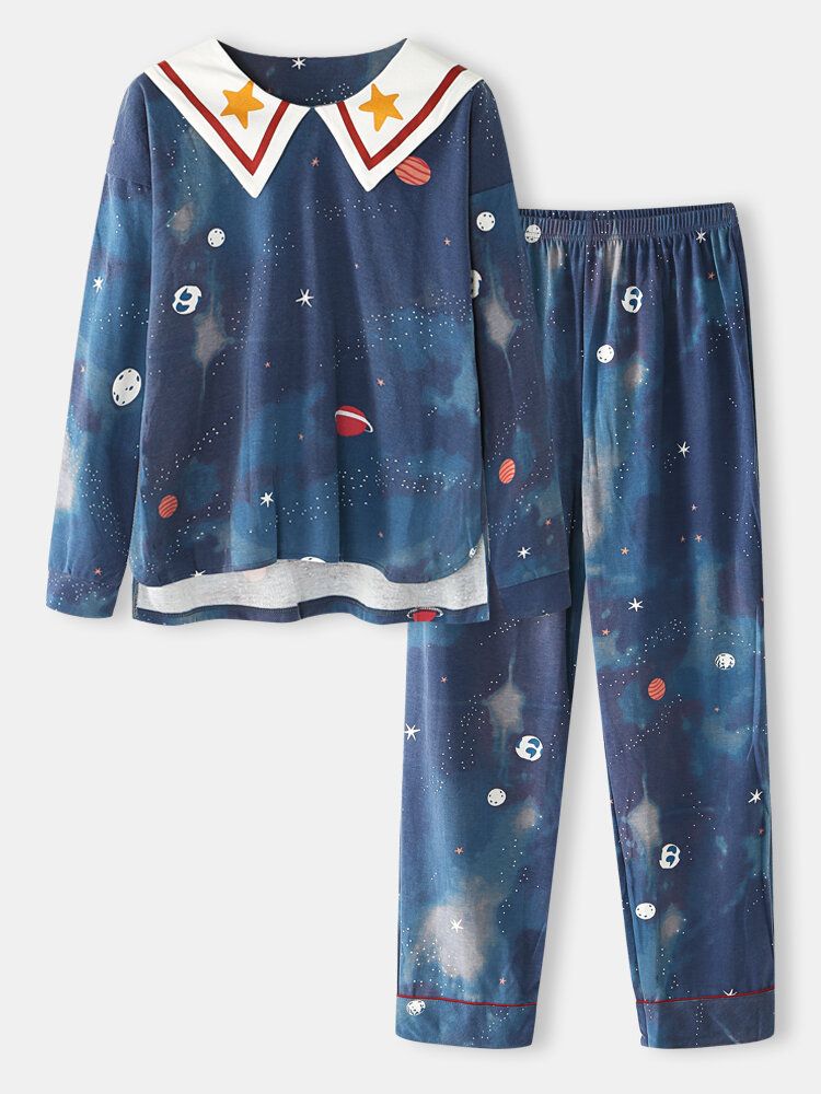 Mujeres Starry Sky Print Cute Pullover Cintura Elástica Suelta Cartoon Home Pijama Set