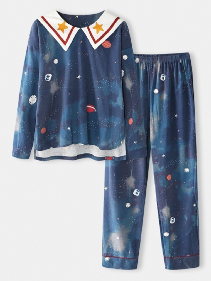 Mujeres Starry Sky Print Cute Pullover Cintura Elástica Suelta Cartoon Home Pijama Set