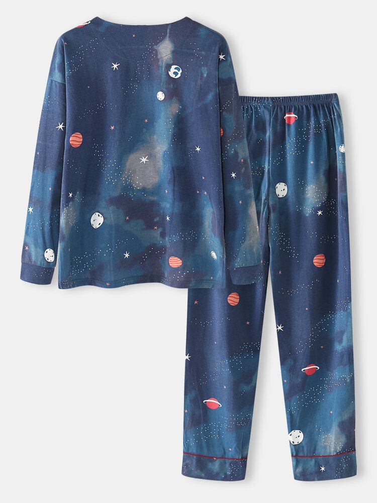 Mujeres Starry Sky Print Cute Pullover Cintura Elástica Suelta Cartoon Home Pijama Set