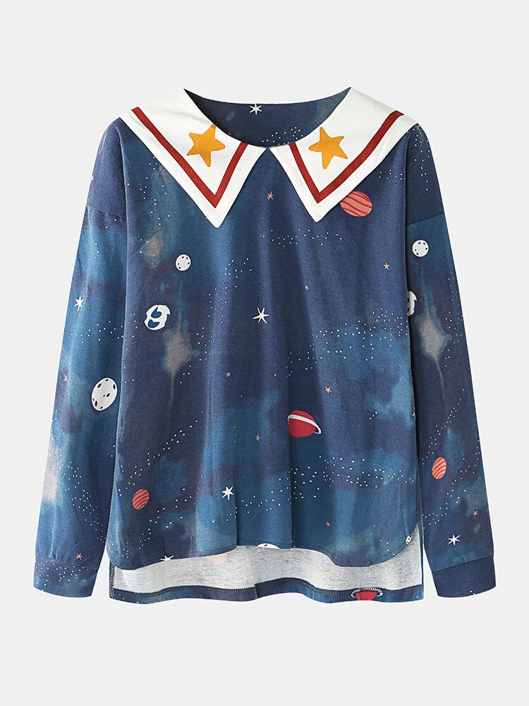 Mujeres Starry Sky Print Cute Pullover Cintura Elástica Suelta Cartoon Home Pijama Set