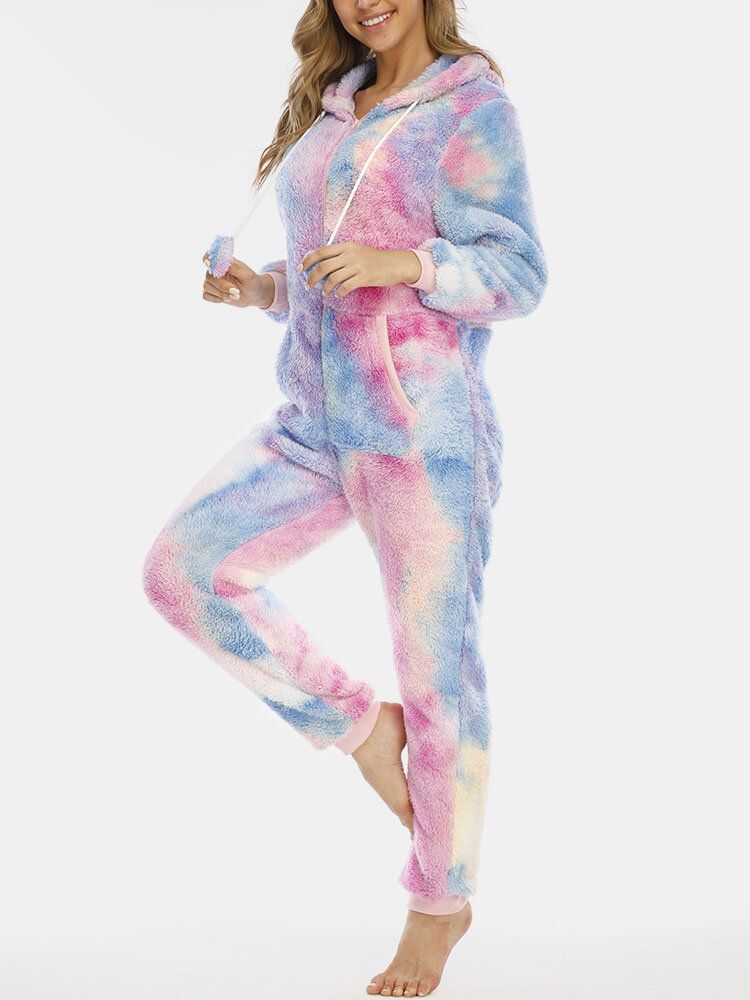 Mujeres Tie Dye Bolsillo Cremallera Frontal Con Capucha Mono Ropa De Dormir Para El Hogar