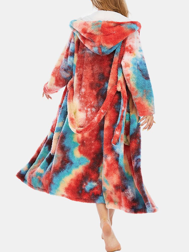 Mujeres Tie Dye Fleece Con Capucha Fajas De Doble Bolsillo Batas De Baño Sueltas Ropa De Dormir Para El Hogar