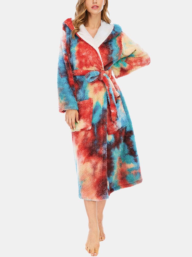 Mujeres Tie Dye Fleece Con Capucha Fajas De Doble Bolsillo Batas De Baño Sueltas Ropa De Dormir Para El Hogar