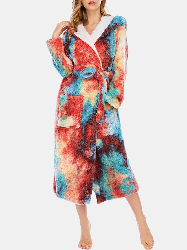 Mujeres Tie Dye Fleece Con Capucha Fajas De Doble Bolsillo Batas De Baño Sueltas Ropa De Dormir Para El Hogar