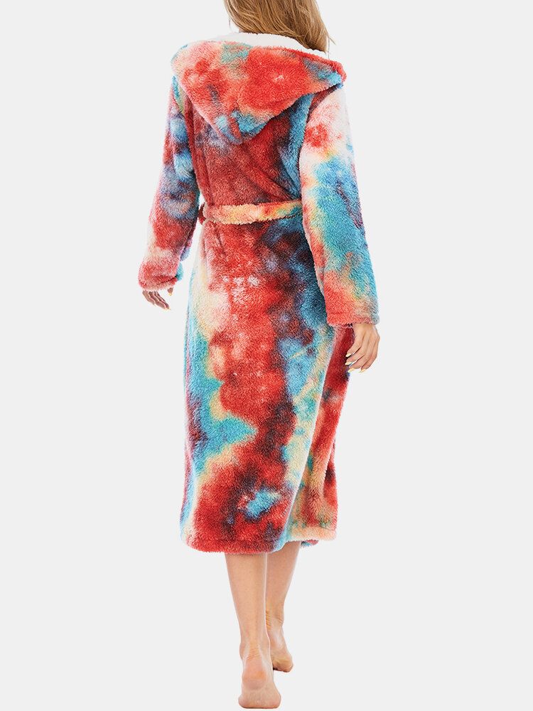 Mujeres Tie Dye Fleece Con Capucha Fajas De Doble Bolsillo Batas De Baño Sueltas Ropa De Dormir Para El Hogar