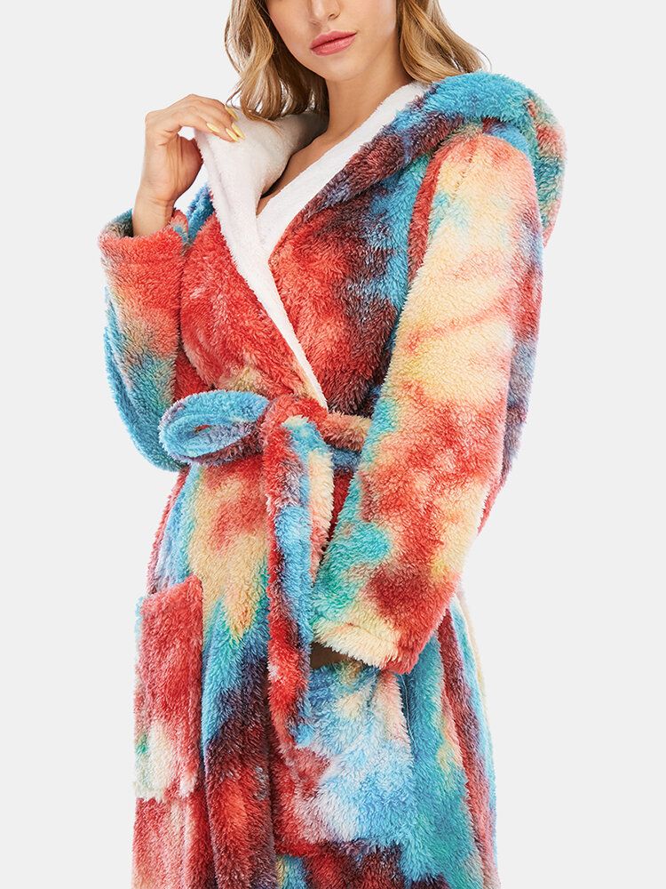 Mujeres Tie Dye Fleece Con Capucha Fajas De Doble Bolsillo Batas De Baño Sueltas Ropa De Dormir Para El Hogar