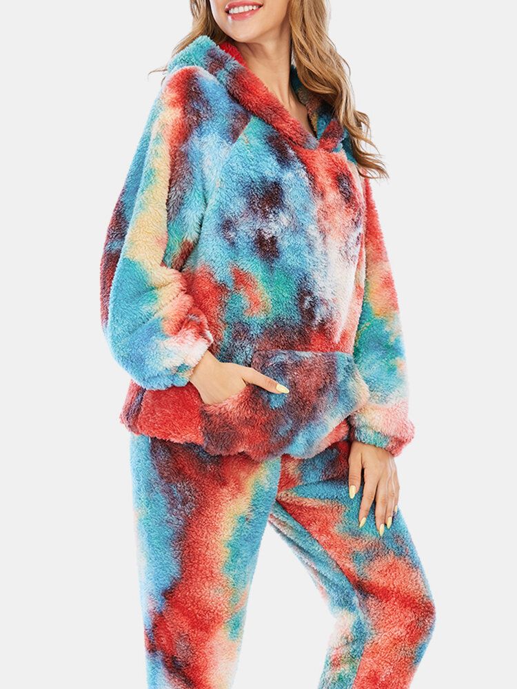 Mujeres Tie Dye Fleece Kangaroo Pocket Hoodie Pants Home Sleepweat Conjunto De Pijama Informal