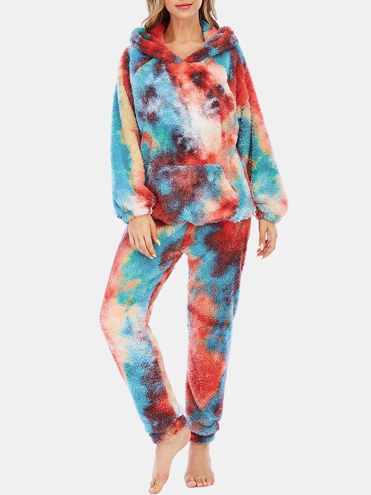 Mujeres Tie Dye Fleece Kangaroo Pocket Hoodie Pants Home Sleepweat Conjunto De Pijama Informal