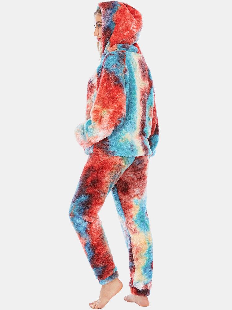 Mujeres Tie Dye Fleece Kangaroo Pocket Hoodie Pants Home Sleepweat Conjunto De Pijama Informal