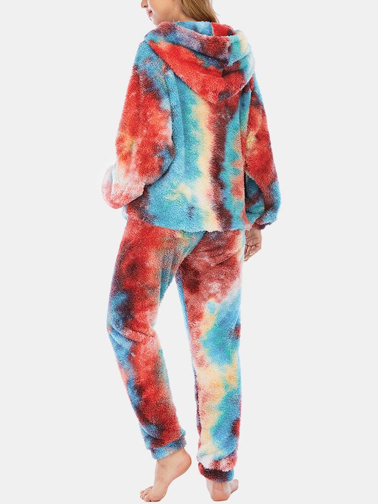 Mujeres Tie Dye Fleece Kangaroo Pocket Hoodie Pants Home Sleepweat Conjunto De Pijama Informal