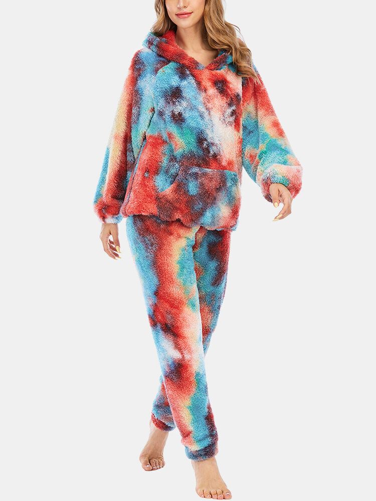 Mujeres Tie Dye Fleece Kangaroo Pocket Hoodie Pants Home Sleepweat Conjunto De Pijama Informal