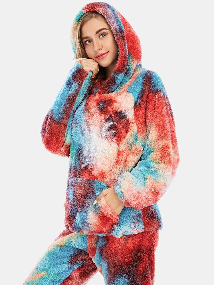 Mujeres Tie Dye Fleece Kangaroo Pocket Hoodie Pants Home Sleepweat Conjunto De Pijama Informal